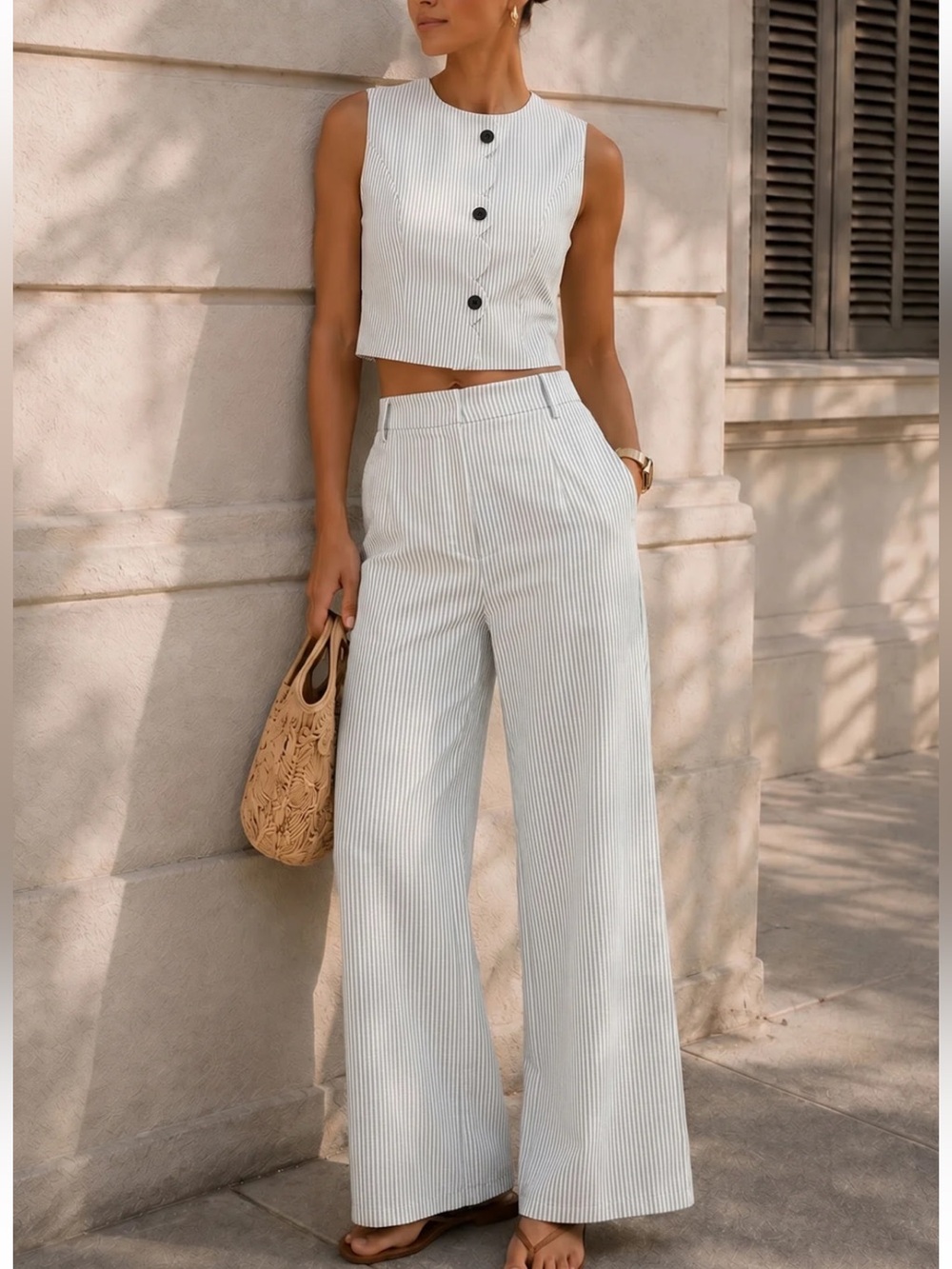 NWT Commense Scallop Edge Pinstripe Vest & Pants Set in Grey/White